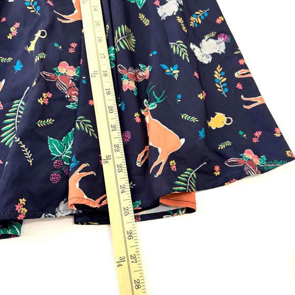 MODCLOTH Sz S Flare Navy Midi Skirt Squirrel Deer Forest Animals Print w/Pockets - Picture 11 of 12